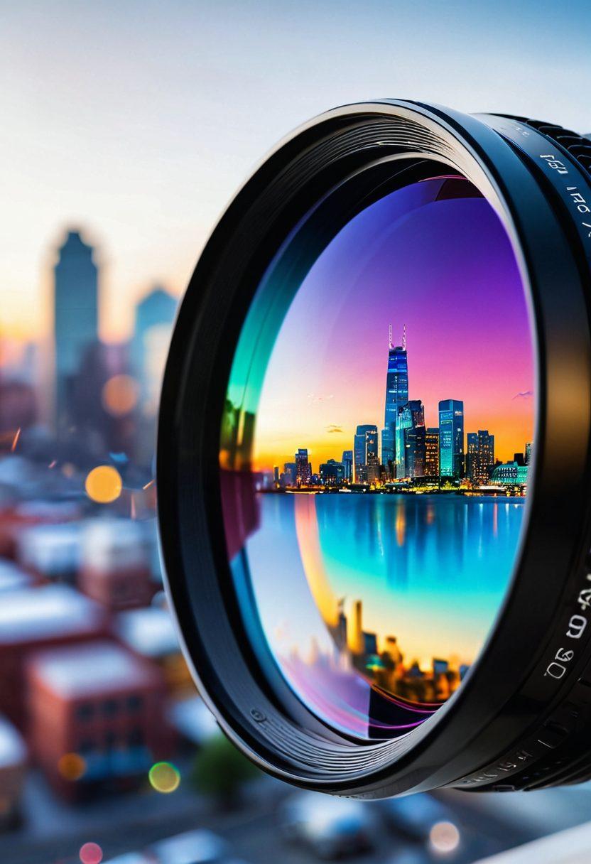A close-up of a beautifully designed lens with intricate details, showcasing various customization options like color tints and coatings. In the background, a bright, blurred city landscape represents clarity and vision enhancement. Soft light filters through the lens, casting colorful reflections. The environment is filled with symbols of clarity, like crisp typography and clean lines. super-realistic. vibrant colors. white background.