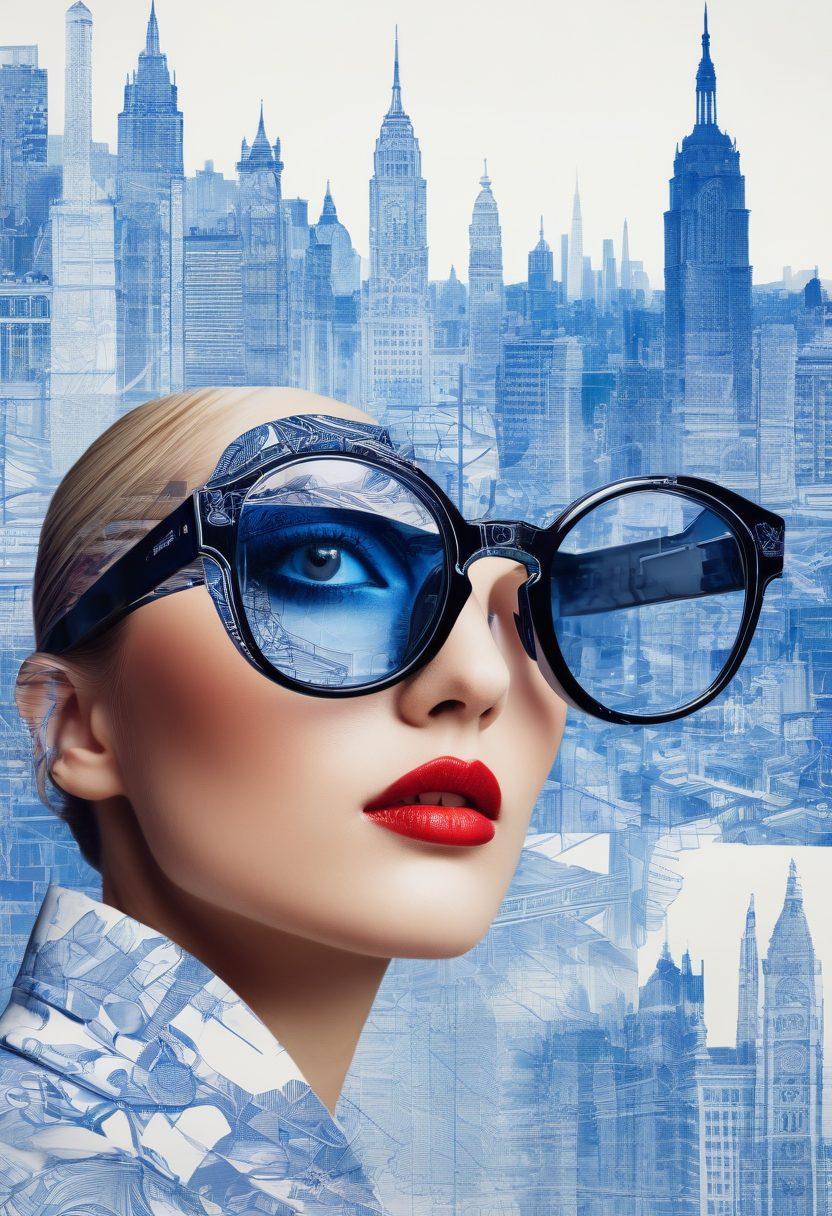 A visually striking collage featuring various eyewear styles, including both modern and vintage designs, layered over a blueprint of lens designs with intricate patterns. The background should include a pair of oversized glasses reflecting a vibrant cityscape, symbolizing vision and clarity. Highlight a sense of innovation and creativity in eyewear fashion. super-realistic. vibrant colors. white background.