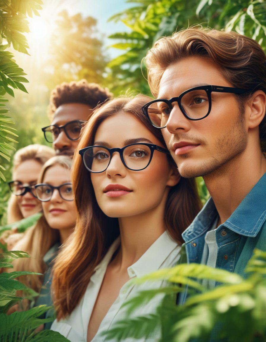 A visually engaging scene featuring a diverse group of people examining their eyewear in a bright, sunlit environment. Include vibrant illustrations of various eyewear styles, eye health symbols like an eye chart, and lush greenery in the background representing nature and vision. The people should exude confidence and happiness while engaging in eye health discussions. super-realistic. vibrant colors. warm sunlight.